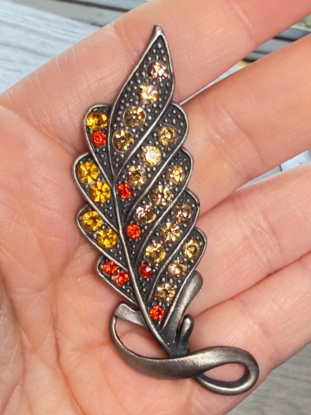 Vintage Rhinestone Leaf Brooch Amber Orange Gold Tone Long Pin 2.75”